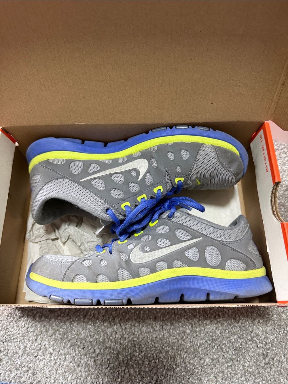 Nike Gray Sneakers with Bluish Purple Laces & chartreuse Accents
